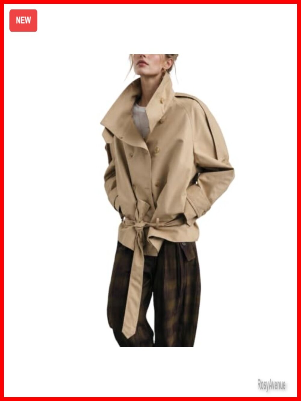 Womens Cropped Trench Coat Funnel Neck Double Breasted Oversized Jacket